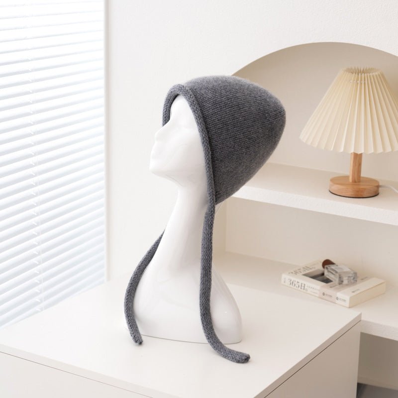 Cashmere Bonnet Hat with Ties Womens Ear Cover Cashmere Beanie Grey M