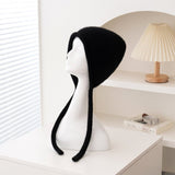 Cashmere Bonnet Hat with Ties Womens Ear Cover Cashmere Beanie Black M