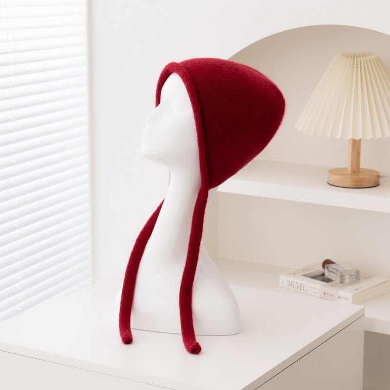 Cashmere Bonnet Hat with Ties Womens Ear Cover Cashmere Beanie Claret M