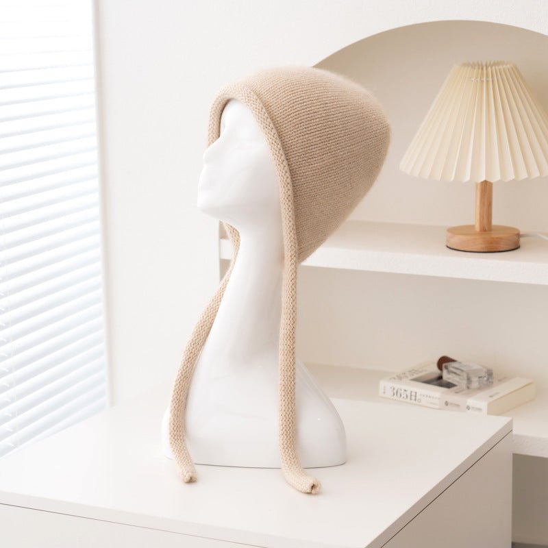 Cashmere Bonnet Hat with Ties Womens Ear Cover Cashmere Beanie Beige M