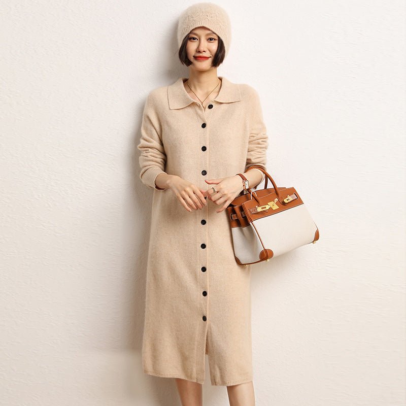 Cashmere Button Down Cardigan Dress Long Cashmere Sweater Dress Beige One size fits most