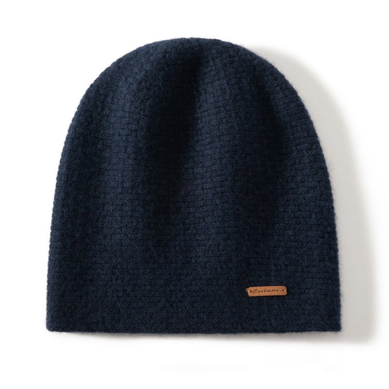 Unisex Cashmere Chunky Knit Beanie Knit Hat With Subtle Woven Navy Blue M