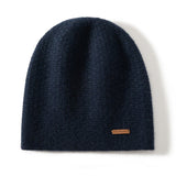 Unisex Cashmere Chunky Knit Beanie Knit Hat With Subtle Woven Navy Blue M