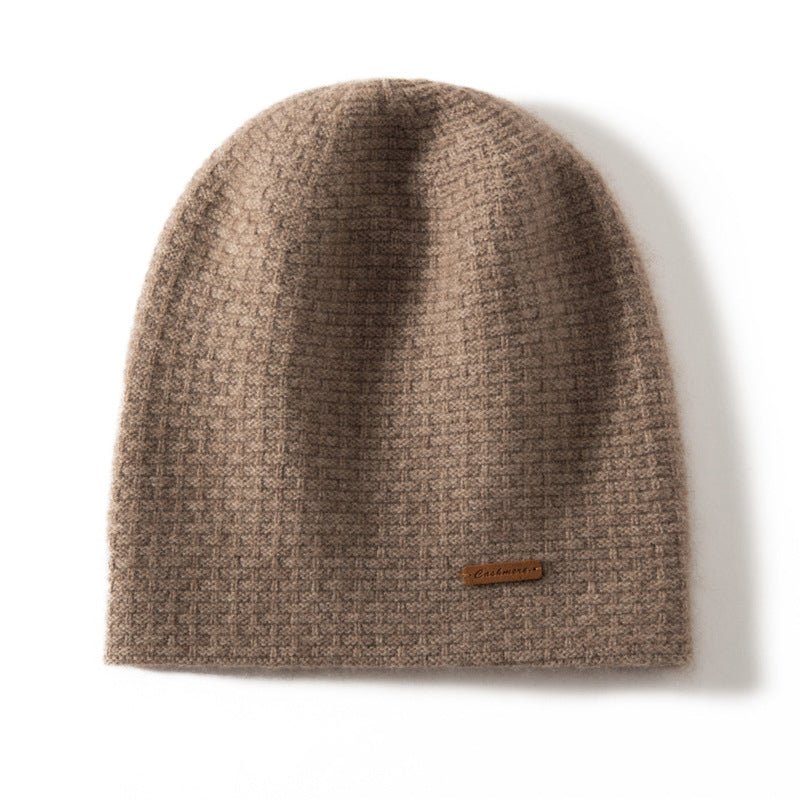 Unisex Cashmere Chunky Knit Beanie Knit Hat With Subtle Woven Taupe M
