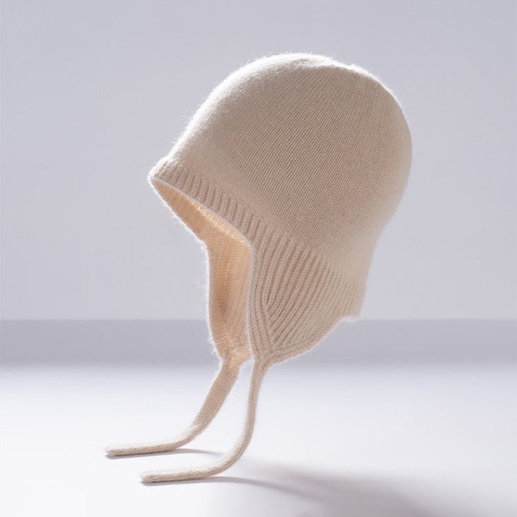 Cashmere Earflap Beanie Pure Cashmere Bonnet Cap Cashmere Winter Hat with Strings Beige M