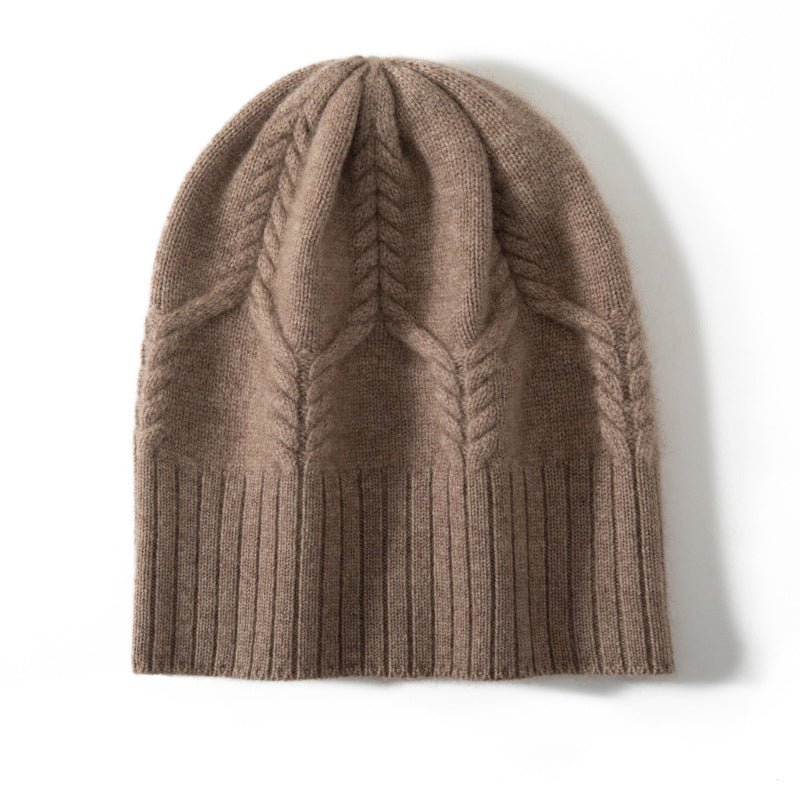 Pure Cashmere Cable Knit Beanie Ribbed Winter Hat With Leaf Pattern Taupe M
