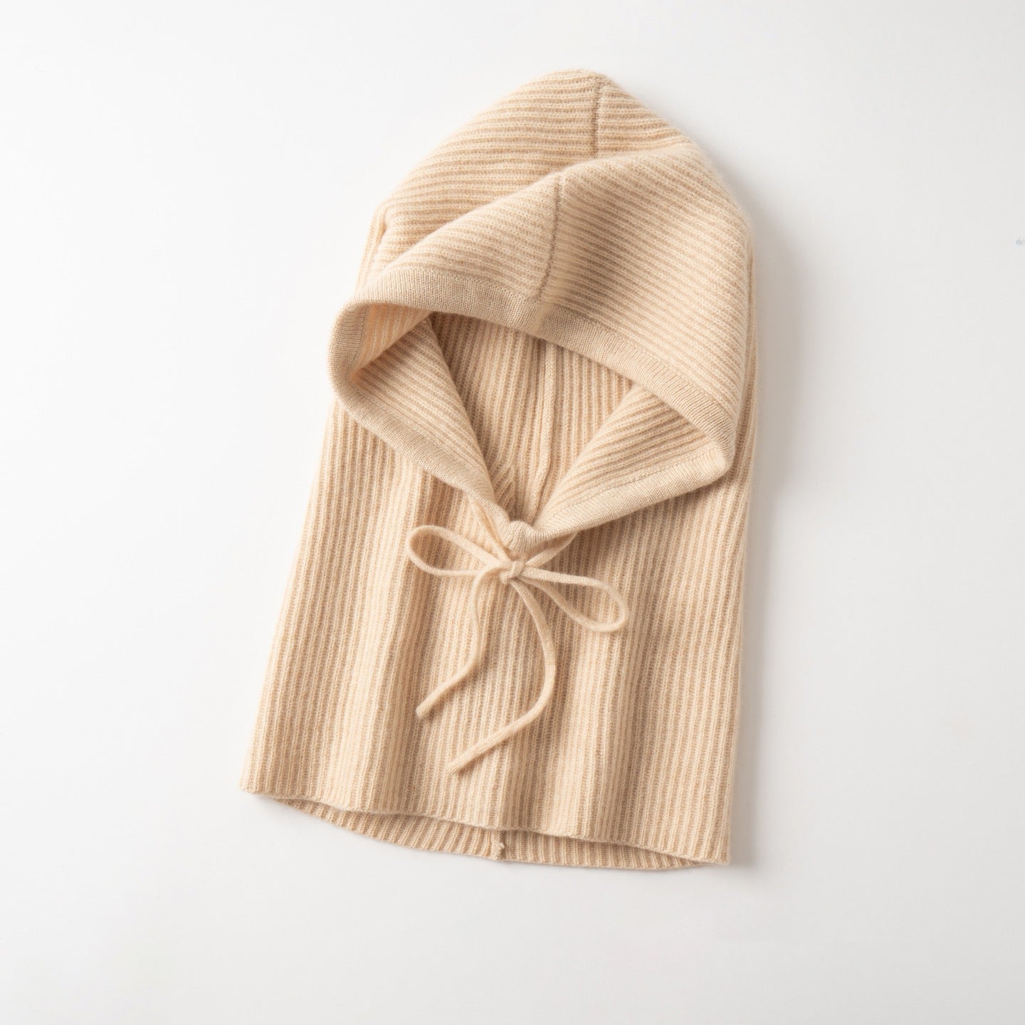 Cashmere Hooded Scarf Ribbed Knit Cashmere Balaclava with Drawstrings Beige M