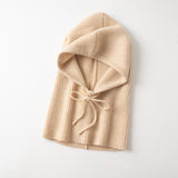 Cashmere Hooded Scarf Ribbed Knit Cashmere Balaclava with Drawstrings Beige M