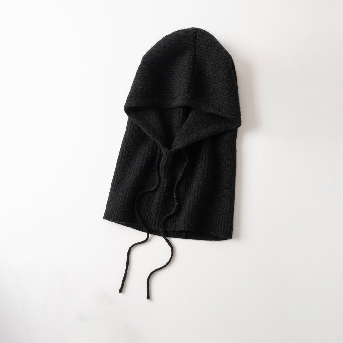 Cashmere Hooded Scarf Ribbed Knit Cashmere Balaclava with Drawstrings Black M