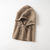 Cashmere Hooded Scarf Ribbed Knit Cashmere Balaclava with Drawstrings Taupe M