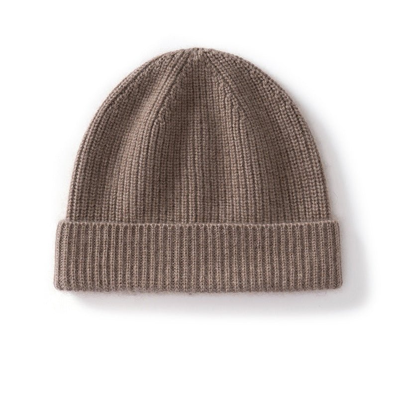 Cashmere Knit Beanie Hat with Fold Over Cuff Ribbed Winter Cashmere Cap Taupe M