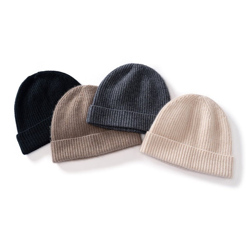 Cashmere Knit Beanie Hat with Fold Over Cuff Ribbed Winter Cashmere Cap Black M