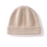 Cashmere Knit Beanie Hat with Fold Over Cuff Ribbed Winter Cashmere Cap Beige M