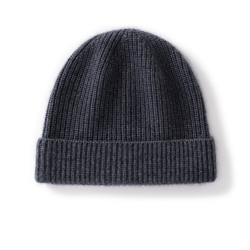 Cashmere Knit Beanie Hat with Fold Over Cuff Ribbed Winter Cashmere Cap Grey M