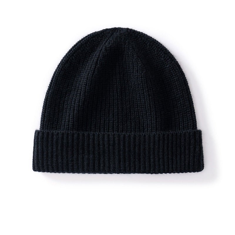 Cashmere Knit Beanie Hat with Fold Over Cuff Ribbed Winter Cashmere Cap Black M