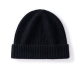 Cashmere Knit Beanie Hat with Fold Over Cuff Ribbed Winter Cashmere Cap Black M