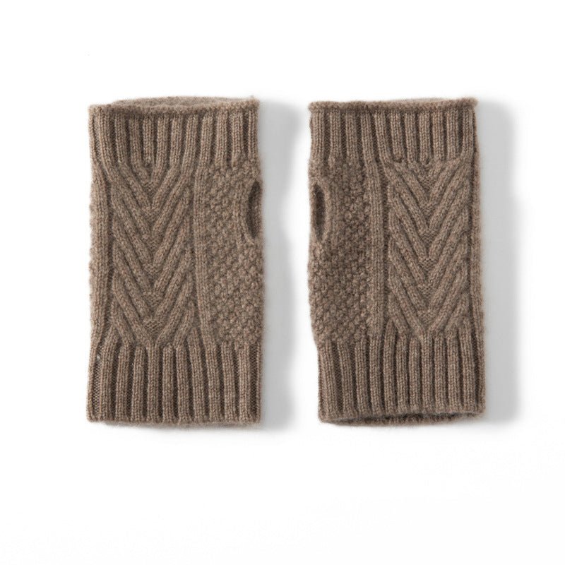 Cashmere Gloves Cable Knit Fingerless Mittens Half Finger Fleece Lined Taupe M