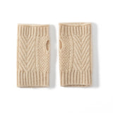 Cashmere Gloves Cable Knit Fingerless Mittens Half Finger Fleece Lined Beige M