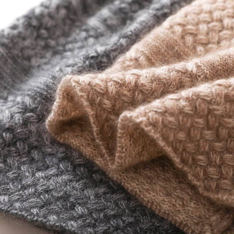 Unisex Cashmere Knitted Beanie Hat With Textured Pattern Handcrafted M Taupe