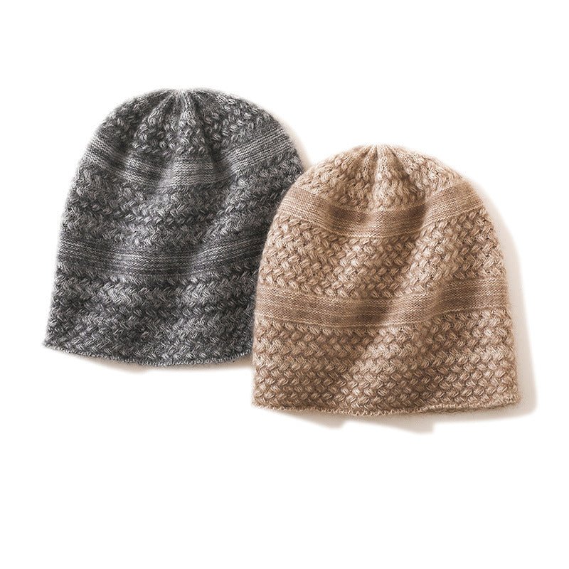 Unisex Cashmere Knitted Beanie Hat With Textured Pattern Handcrafted M Taupe