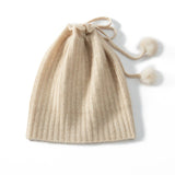 Cashmere Pom - Pom Beanie Hat With Drawstring Closure Thick Ribbing Hats Beige M
