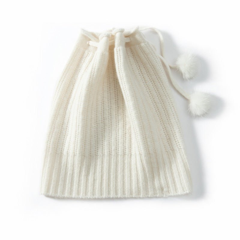 Cashmere Pom - Pom Beanie Hat With Drawstring Closure Thick Ribbing Hats Ivory M