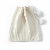 Cashmere Pom - Pom Beanie Hat With Drawstring Closure Thick Ribbing Hats Ivory M