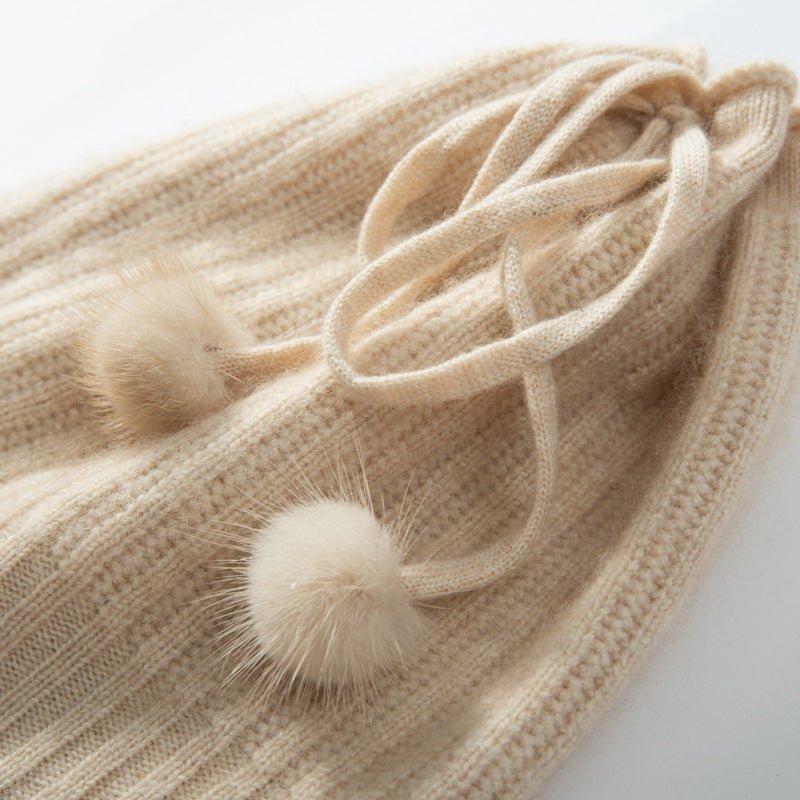 Cashmere Pom - Pom Beanie Hat With Drawstring Closure Thick Ribbing Hats Beige M