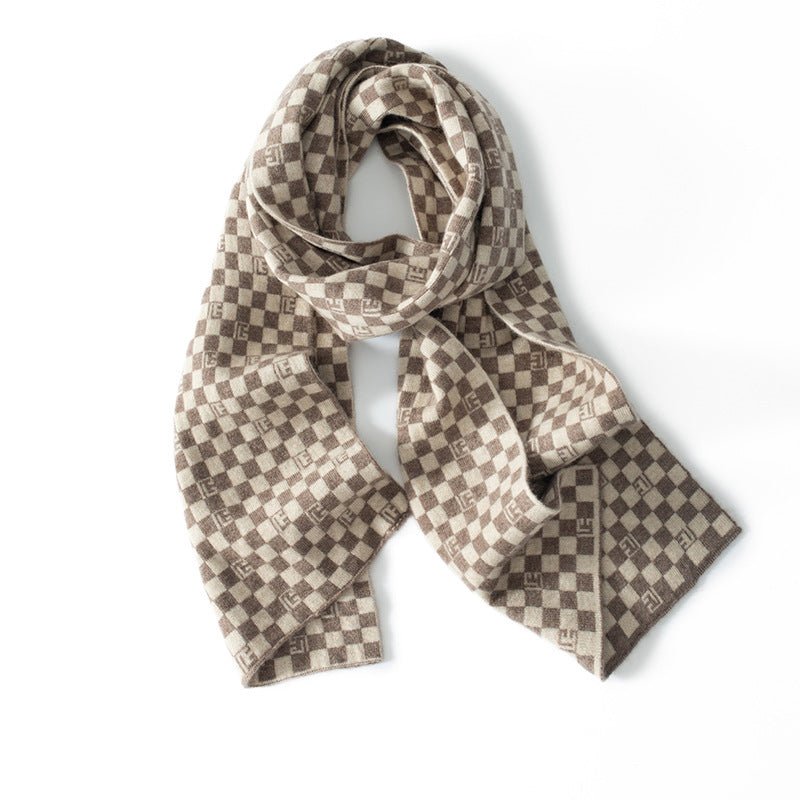 Unisex Checkered Cashmere Scarf Long Cashmere Knitted Scarves Taupe L