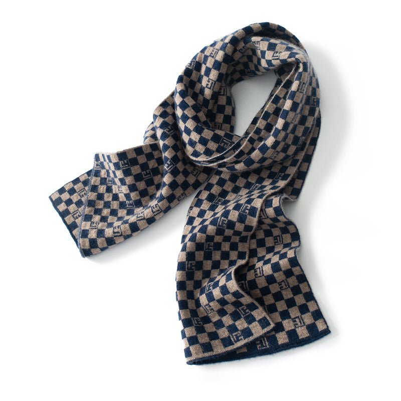 Unisex Checkered Cashmere Scarf Long Cashmere Knitted Scarves Blue L