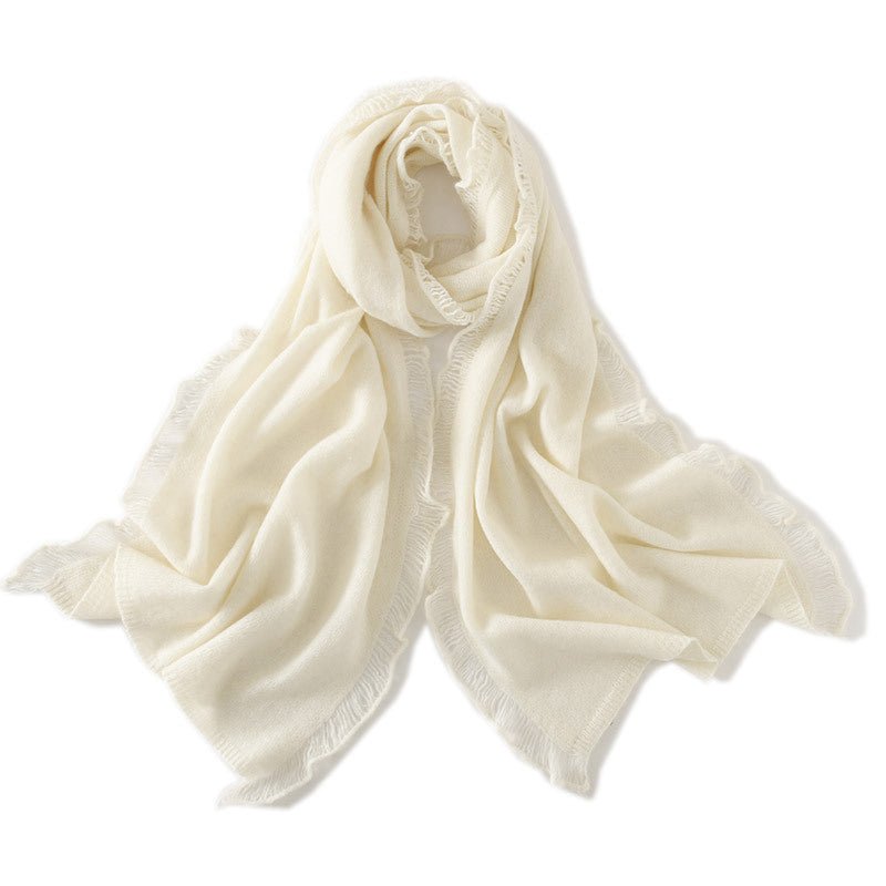 Cashmere Scarf With Fringed Edges Long Cashmere Shawl With Tassel Ivory M