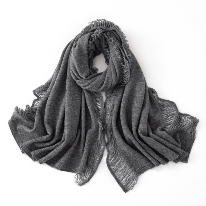 Cashmere Scarf With Fringed Edges Long Cashmere Shawl With Tassel Beige M