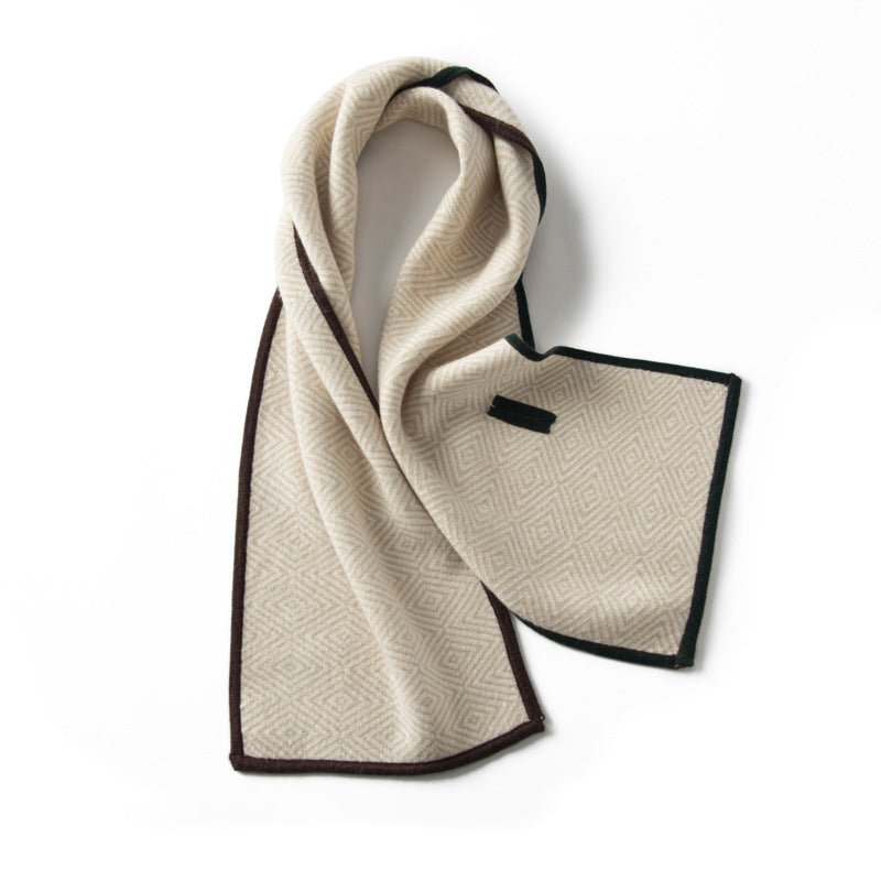 Geometric Patterned Cashmere Scarf Contrast Trim Thick Soft Scarves Beige M