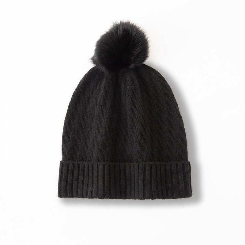 Cashmere Slouch Hat with Pom Womens Cable Knit Cashmere Beanie Winter Hat Black M