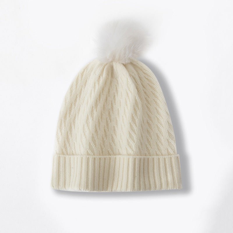 Cashmere Slouch Hat with Pom Womens Cable Knit Cashmere Beanie Winter Hat Ivory M