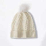 Cashmere Slouch Hat with Pom Womens Cable Knit Cashmere Beanie Winter Hat Ivory M