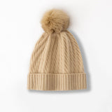 Cashmere Slouch Hat with Pom Womens Cable Knit Cashmere Beanie Winter Hat Beige M