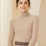 Women Cashmere Sweater Long Sleeve Turtleneck Cashmere Pullover Beige XS