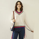 Women Cashmere Sweater V Neck Cashmere Pullover Ribbing Colorful Edge Ivory XS