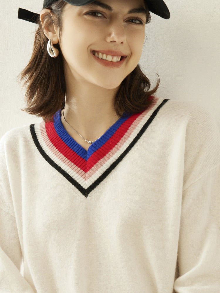 Women Cashmere Sweater V Neck Cashmere Pullover Ribbing Colorful Edge Ivory XS