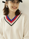 Women Cashmere Sweater V Neck Cashmere Pullover Ribbing Colorful Edge Ivory XS