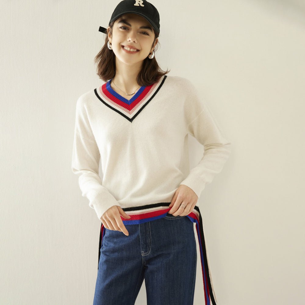 Women Cashmere Sweater V Neck Cashmere Pullover Ribbing Colorful Edge Ivory XS