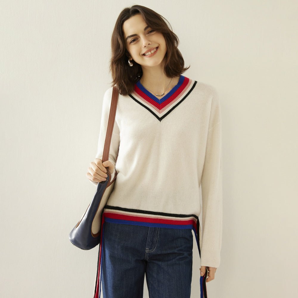 Women Cashmere Sweater V Neck Cashmere Pullover Ribbing Colorful Edge Ivory XS