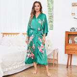 Cherry Blossom And Birds Print 100% Long Silk Kimono Robe