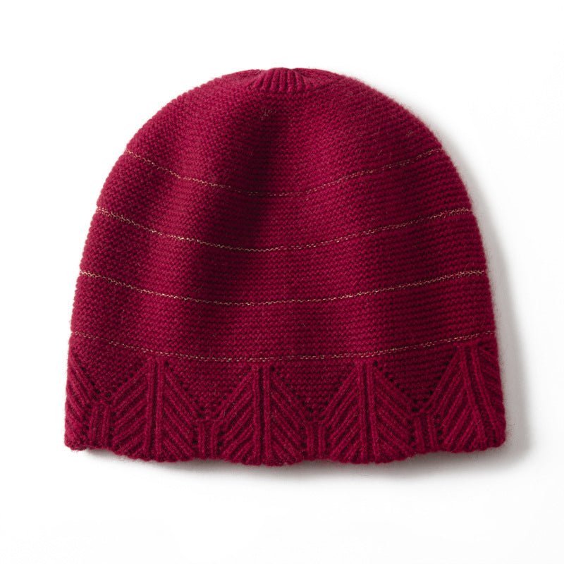 Chevron Border Pure Cashmere Beanie Cashmere Hat Textured Knit Claret M