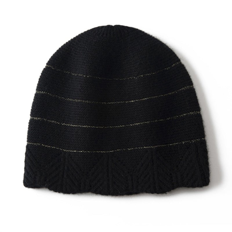 Chevron Border Pure Cashmere Beanie Cashmere Hat Textured Knit Black M