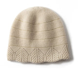 Chevron Border Pure Cashmere Beanie Cashmere Hat Textured Knit Beige M