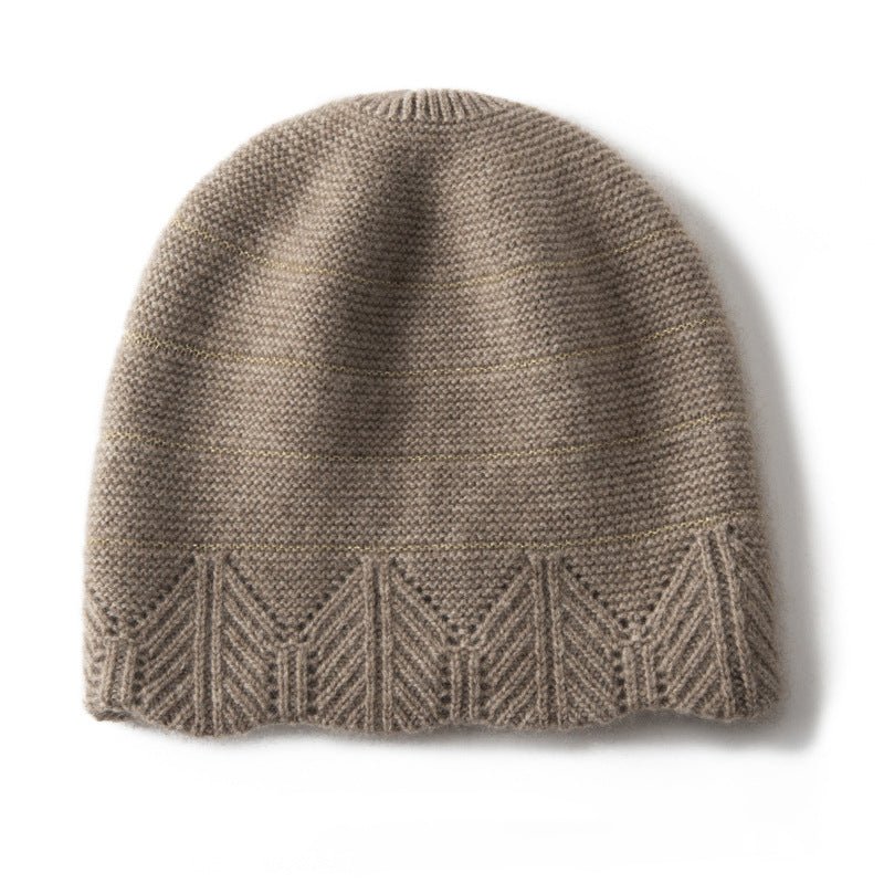 Chevron Border Pure Cashmere Beanie Cashmere Hat Textured Knit Taupe M