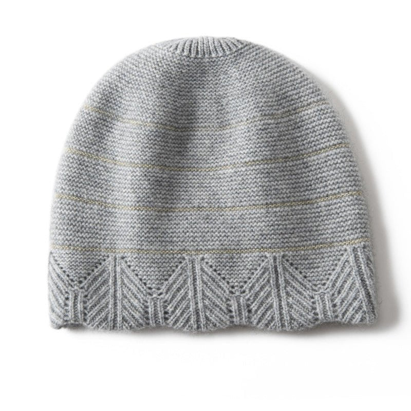 Chevron Border Pure Cashmere Beanie Cashmere Hat Textured Knit Grey M