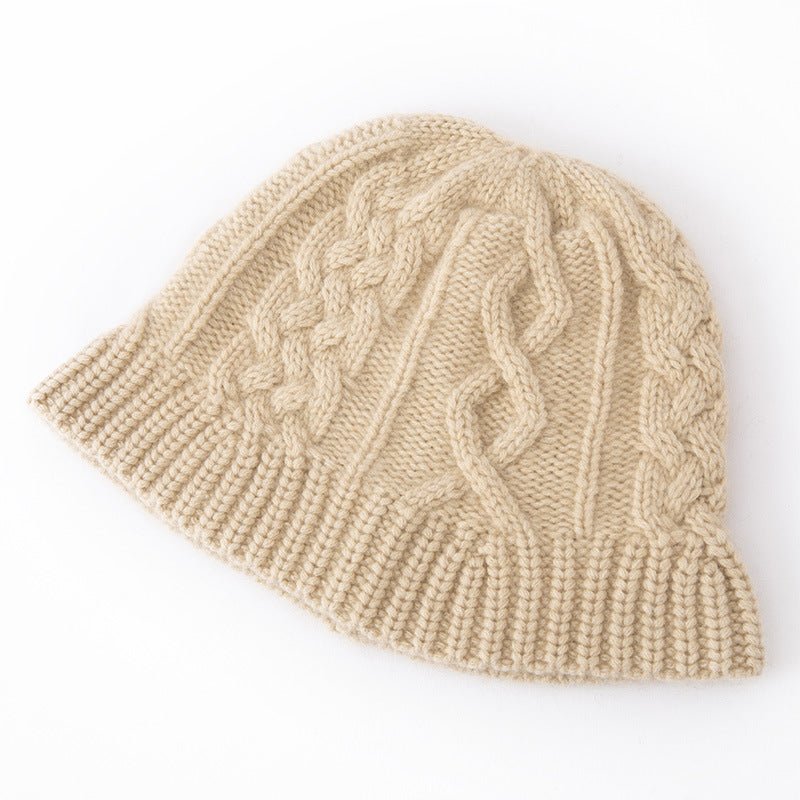 Chunky Cashmere Bucket Hat Cashmere Cable Beanie for Women Beige M